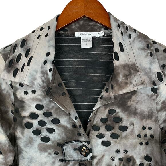 Feratelli Jacket Grey Black Button Front Top 3/4 Sleeve Women's S Artsy Boho - Picture 3 of 11